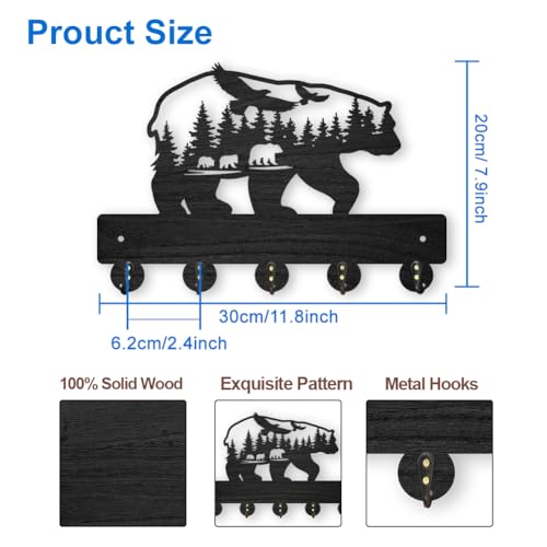 MAYJOYDIY Bear Forest Bird Coat Rack Wall Mount 11.8×7.9inch Bear Wall Art Decor Wildlife Animal Key Holder for Wall Black Wooden Key Hanger Rack 5 Alloy Hooks for Kitchen Bedroom Entryway Gifts - color: Bear Forest Eagle