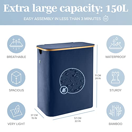 LONBET Laundry Basket with Lid, Made from Breathable Fabric | Aesthetic Clothes Hampers for Laundry with Side Handles & Sturdy Bamboo Frame (40 Gallons - Double, Blue) - color: Blue, style: 40 Gallons - Double