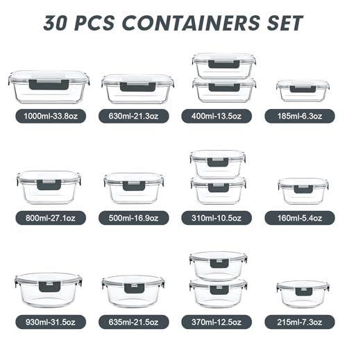 VERONES 30 Pieces Glass Meal Prep Containers Set, Stackable Glass Food Storage Containers with Lids-Airtight Lunch Containers，for Microwave, Oven, Freezer & Dishwasher,Grey - color: Gray