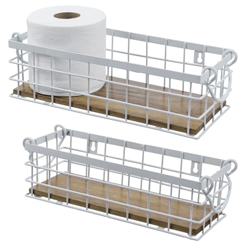 MyGift 13 and 12 Inch Nesting Storage Baskets with Handles, Wall Mounted or Tabletop White Metal Wire and Premium Acacia Wood Decorative Shelf Organizer Bins, 2 Piece Set - color: White, Acacia Wood