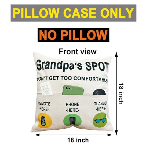 ZUYUROU Grandpa 3 Pocket Throw Pillow Cover, Grandpa's Spot Couch Organizer Pillowcase for Remote Phone Glasses, Ideal Father's Day Birthday Gift for Grandpa, Sofa Armchair Storage, 18 x 18 Inch - color: Grandpa 3-pocket