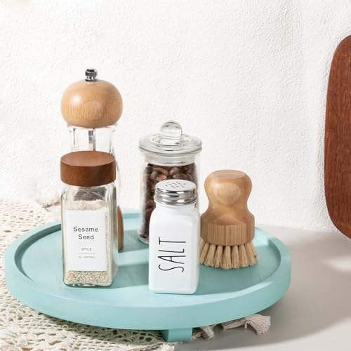 Round Decorative Tray Wood Bathroom Counter Organizer Farmhouse Kitchen Decor Wooden Riser for Soap Dish, Perfume, Candle, Sponge, 10" - Light Blue - color: Light Blue, size: 10"