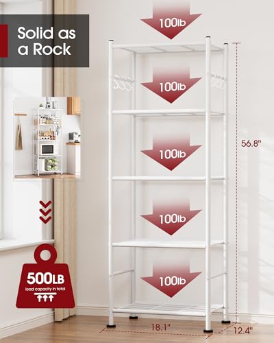 Sakugi Storage Shelves - 5-Tier Large Capacity Shelf Organizer with Hooks, Heavy-Duty Garage Shelving with Leveling Feet, Wobble-Free Rack for Bedroom, Balcony, Garage, 18.1"×12.4"×56.8", White - color: White, size: 18.1W×12.4D×56.8H(5T)