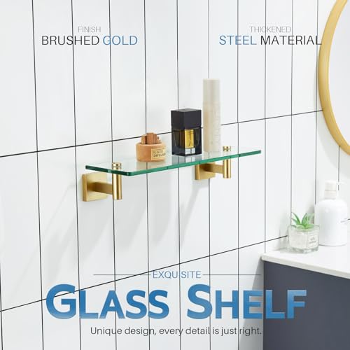 KOKOSIRI Wall Shelves Floating Shelf 16'' Stainless Steel Bathroom Hardware Tempered Glass Small Hanging Rack for Storage/Room Decor Gold B1105BG-L16 - color: Brushed Gold, size: 16-Inch