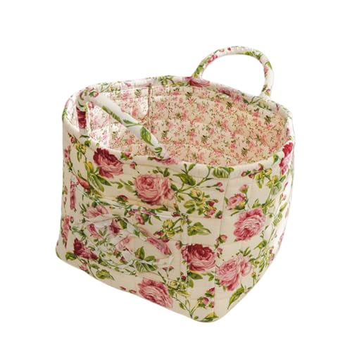 Fabric Baskets for Storage - Quilted Boho Floral Basket with Handles, Foldable Organizer for Home, Office, Clothes, Blankets, Books or Toys - 12'' x 10'' x 10''(White) - color: White