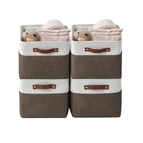 DECOMOMO Storage Bins, Large Fabric Storage Baskets for Shelves, Decorative Linen Closet Organizer, 15 x 11 x 9.5 inches (Brown & White, 4 Pack) - color: Brown and White, size: Large/4P