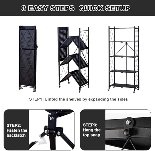 IDEALHOUSE 5 Tier Folding Shelves with Wheels, Heavy-Duty Storage Rack, No Tools Assembly, 63" H for Kitchen Pantry Garage Office, Black