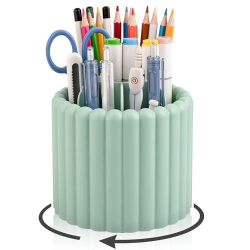 Anyoifax 360° Rotating Pen Holder 8 Slots Desk Organizer with Drawer Removable Pencil Cup Plastic Art Supplies and Accessories Desktop Storage Box Caddy for Office, School, Home (Green) - style: Stripe Green