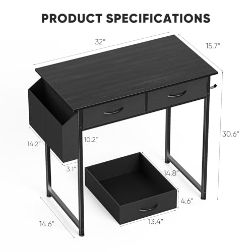 DUMOS 32" Home Office Computer Desk with Drawers, Small Gaming Writing Study Table with Storage Side Bag, Headphone Hook and Adjustable Feet for Bedroom Black - color: Black, size: 32-In