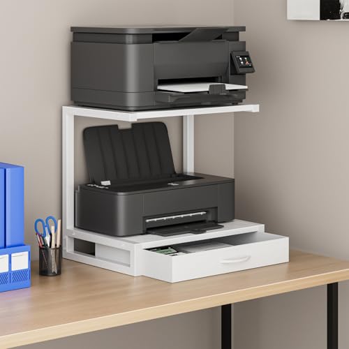 YAOHUOO 2-Tier Desktop Printer Stand with Fabric Drawer, Prtiner Table with Storage Shelf, Desk Organizer for Home Office,3D Printer,Fax Machine,Scanner, 17.3"x11.8" White - color: White, size: Middle