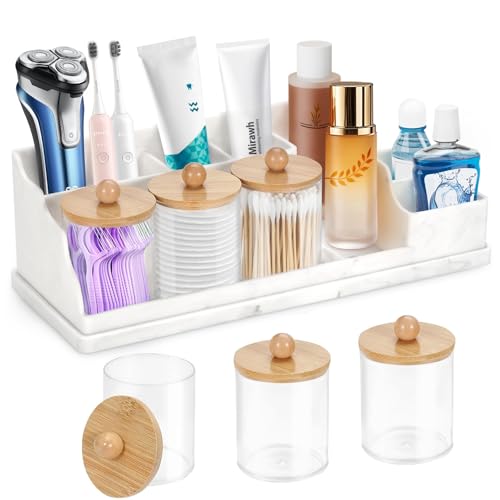 Bathroom Counter Organizer, White Silicone Toothbrush Holders for Bathrooms Organizer Countertop with 3PCS Qtip Holder, Toothbrush and Toothpaste Holder for Bathroom Organization Storage Vanity - color: White With 3pcs Dispenser