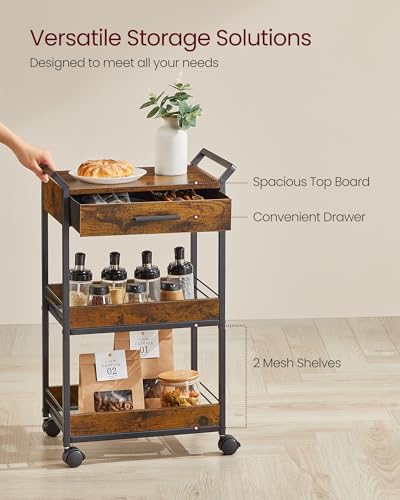 VASAGLE Storage Cart, 3-Tier Rolling Utility Cart with Table Top, Handles, 4 Lockable Casters, Top Drawer, Mesh Shelves, for Kitchen, Bathroom, Bedroom, Rustic Brown and Ink Black ULRC048K01 - color: Rustic Brown + Ink Black, size: 3 Tiers (27.8"H)