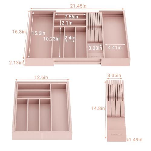 TIOPGHAD Bamboo-Silverware-Drawer-Organizer-Kitchen, Expandable Utensil Holder Cutlery Tray Flatware Organization Adjustable Wood Tableware Dividers Storage (with Removable Knife Block)(Grey Pink) - color: Grey Pink, size: Large