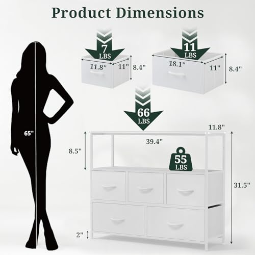 TV Stand, 5 Fabric Drawers Dresser Entertainment Center for TV up to 45 inch Wooden Media Console Table Storage Organizer with Open Shelf, for Living Room, Bedroom, or Small Space, White - color: White, size: 5 Drawers