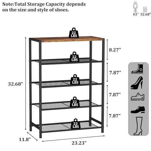 HOMEFORT 5-Tier Shoe Rack, Shoe Storage Shelf with MDF Top Board, Shoe Rack Organizer, Each Tier Fits 3 Pairs, Entryway Shoe Stand with Sturdy Shelves, Rustic Brown - color: Rustic Brown, size: 5-Tier (11.8"D x 23.23"W x 32.68"H)