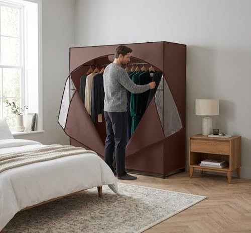 HOLDN’ STORAGE Portable Wardrobe Closet - 65 lb Large Capacity, Internal Heavy Duty Metal Rod, Zipper & Clear Window, Durable Clothes Organizer, Tool-Free Easy Assembly, Brown Canvas Cover - color: Brown, size: Large