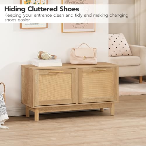 HOOBRO Shoe Storage Bench, Rattan Entryway Bench with 2 Flip Drawers, 39.4'' Hidden Shoe Cabinet with Adjustable Shelves, Comfort Seat Holds 300lb, Large Capacity Fits 8-12 Pairs, Natural NL51HX01 - color: Natural