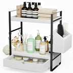 Kottwca 2-Tier Bathroom Counter Organizer with Drawer, Basket & Hooks, Wooden Vanity Shelf for Skincare, Perfume & Makeup Storage(White) - color: White