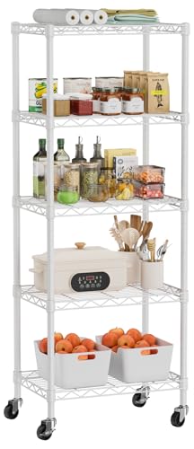 Golpart Small 5 Tier Shelves Storage Wire Shelving Unit Metal Shelf Adjustable Organizers Storage Shelving with Wheels for Bathroom Laundry Room Kitchen Pantry12”D x 18”W x 57.2”H White - color: White, size: 5 shelves (12 "D X 18 "W X 57.2 "H)