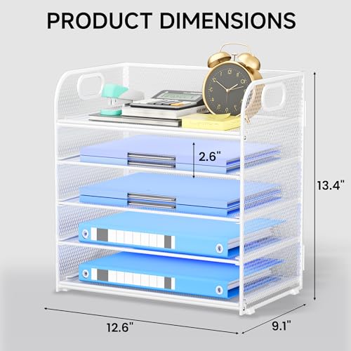 5-Tier Stackable Paper Organizer with Handle, White Metal Mesh Desk Organizer Letter Tray | Office Storage & Organization for Home, School & Workplace - color: White, size: 12.6" x 9.1" x 13.4"
