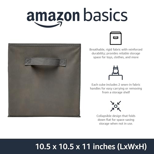 Amazon Basics Collapsible Fabric Storage Cubes Organizer with Handles, Sturdy, Foldable, Space-Saving, 10.5"x10.5"x11", Gray, 6-Pack - color: Gray, size: 10.5"x10.5"x11"