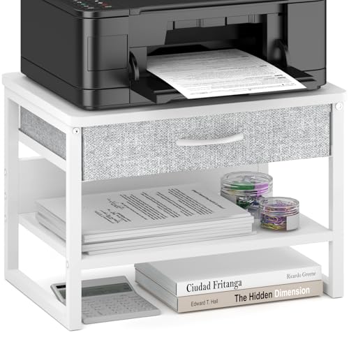 MARTY Printer Stand with Storage Drawer for Desk, 2-Tier Desktop Printer Stand Shelf Organzier for Home Office Printer Riser Under Desk Small Printer Table for Fax Machine Copier Scanner (White) - color: White, size: 2 Tier With Drawer