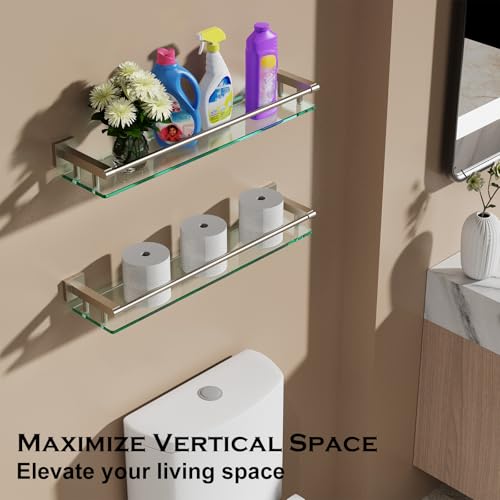 Glass Shelf for Bathroom Wall Sheves 24 inch Rectangular Stainless Steel Tempered Glass Modern Stainless Steel Wall Mount Accessories Organizers Storage (Brushed Nickel, 24‘’) - color: Brushed Nickel, size: 24'' with Railing