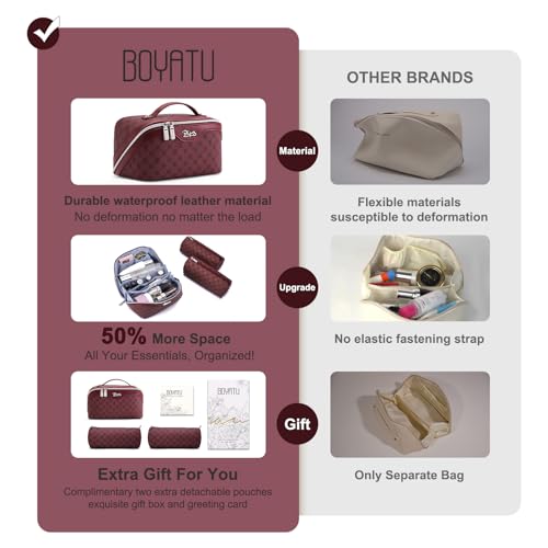 BOYATU Travel Makeup Bag Cosmetic Bags for Women: 3 Pcs Set Large Capacity Make up Bag with Handle - Vegan Leather Toiletry Bags with Compartments - Makeup Organizer for Travel Essentials(A-10-Red) - color: A-910-Red
