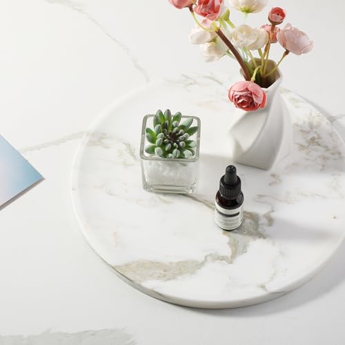 Karibiber Marble Serving Tray, 11.8in Round Vanity Tray for Bathroom Countertop, Calacatta Candle Holder for Coffee Table/Kitchen, Stone Home Decorative Catchall Tray for Perfume - color: Calacatta Golden