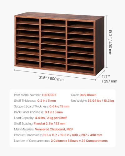 VEVOR Literature Organizer, 24 Compartments Office Mailbox with Removable Shelves, Wooden Mailbox Sorter Particle Board Office Home Classroom Storage, File Sorter for Documents, Papers, Dark Brown - color: Retro Brown, size: 24 Compartments