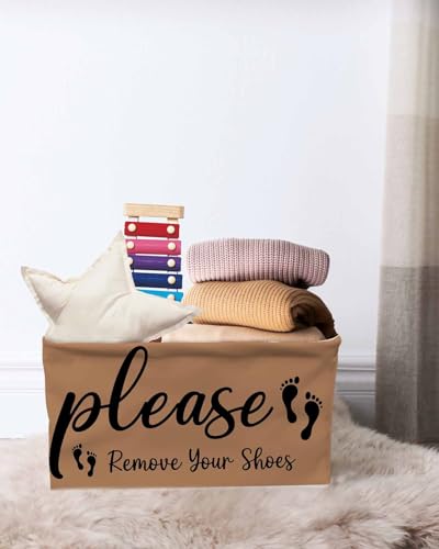 Please Remove Your Shoes Storage Basket Waterproof Cube Storage Bin Organizer with Handles, Farmhouse Brown Collapsible Storage Cubes Bins for Clothes Books Toys 15"x11"x9.5"