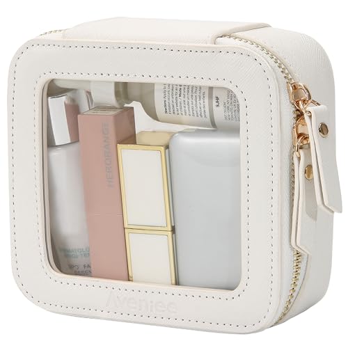 Aveniee Clear Makeup Bag Small, Mini Travel Toiletry Bag Cosmetic Bags Organizer, TSA Approved Clear Makeup Case Pouch with Zipper, Car Essentials for Women Men,White - color: Off-White, style: Mini Chic