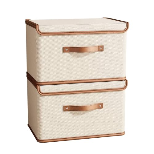 Tuza 2 Pack Storage Bins with Lids, Collapsible Closet Organizer Container, Fabric Organizer Box with Handles, Decorative Storage Boxes with Lids for Organizing Clothes, Books, File, White, Medium - color: White, size: 2 Pack - Medium