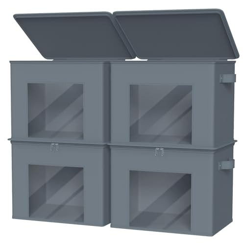 Zilink Fabric Foldable Storage Boxes with Lid 4-Pack Stackable Storage Bins with Zipper & Clear Window Fabric Closet Containers and Organizers for Home, Office, Bedroom (Grey,17" x 12" x 12") - color: Grey