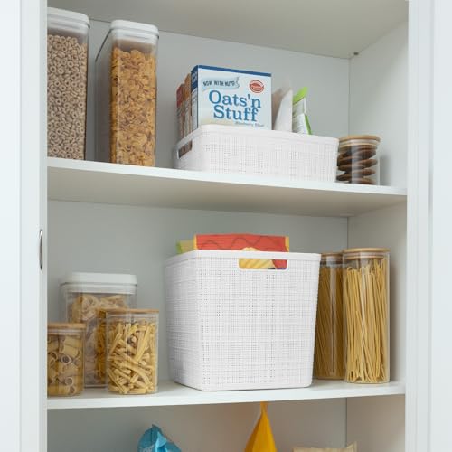 Curver Set of 4 Large Cube 17L Jute Decorative Plastic Organization and Storage Baskets - Perfect Bins for Home Office, Closet Shelves, Kitchen Pantry and All Bedroom Essentials, White - color: White, size: Large Cube 17L