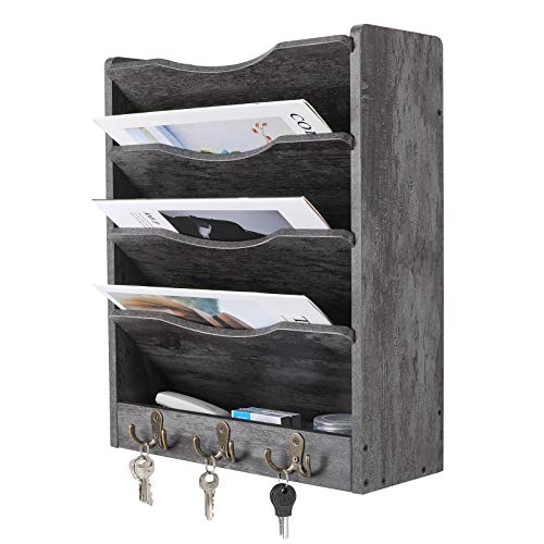 PAG 5-Tier Wall File Holder Hanging Mail Organizer Wood Magazine Literature Rack with 6 Hooks, Dark Gray - color: Dark Gray