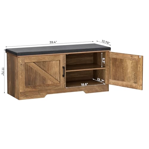 HOMSHO 2-Tier Storage Bench, 39.4" Wide Shoe Bench with Padded Seat Cushion, Entryway Bench with 2 Barn Doors and Adjustable Shelf, Rustic Walnut - color: Rustic Walnut, size: 39.4" Wide