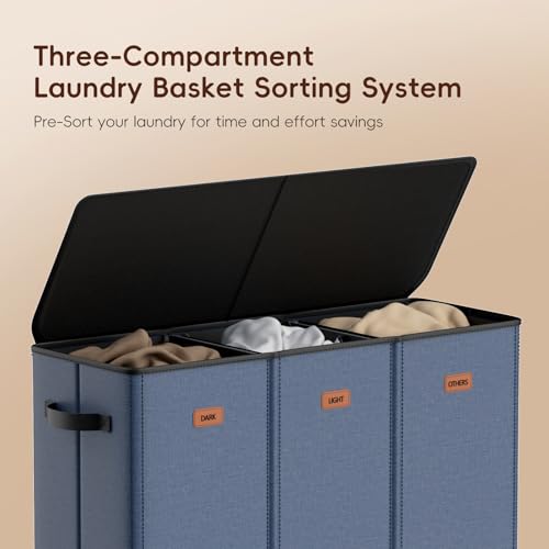 185L Laundry Hamper 3 Section, Laundry Hamper with Lid, Dirty Clothes Hamper with 3 Removable Washing Bags, Extra Large Laundry Basket Organizer for Bedroom, Laundry Room, Dorm - Navy Blue - color: Navy Bule, size: 185L - 3 Section