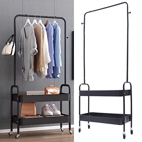 2-Tiers Clothes Rack Freestanding Clothing Garment Rack with Metal Basket Rolling Storage Clothes Shelves Portable Organizer Coat Rack for Entryway Home Bedroom Laundry Small Place (Black) - color: Black