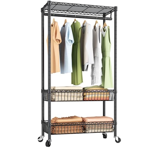 Heavy Duty Clothes Rack Rolling Garment Rack,3 Tier Adjustable Wire Shelving Clothing Racks for Hanging Clothes with Double Rods&Side Hooks,Freestanding Wardrobe Storage Rack Metal Portable Closet - color: Black5, size: 15.75"D x 23.5"W x 72.45"H