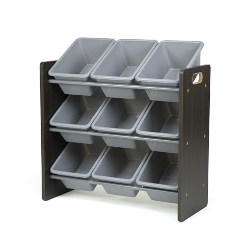 Humble Crew 9-Bin Toy Organizer – Sumatra Espresso/Grey Plastic Bins, 3-Tier Storage Solution for Kids' Playrooms and Nurseries - color: Espresso/Grey