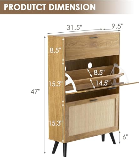 MU Natural Rattan Shoe Cabinet, Entryway Shoe Cabinet with 2 Flip Drawers and Hidden Cabinet, Boho Shoe Organizer Cabinet, Wooden Shoe Storage Cabinet for Entrance, Hallyway, Natural - color: Rattan, size: 2 Drawers