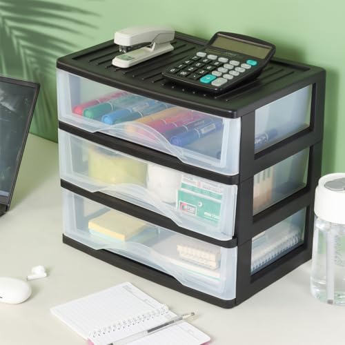 BYCY Medium 3 Drawer Plastic Clear Stacking Desktop Organizer for Office Supplies, Stackable Storage Drawers Storage Bins For Kitchen Cabinets, Pantry, Home Organization (Black, Medium 3Drawer) - size: Medium 3Drawer