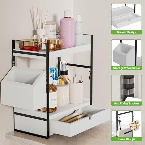2-Tier Bathroom Counter Organizer with Drawer and Basket, Wood Countertop Organizer for Storage, Skincare Organizers for Vanity, Counter Shelf for Bathroom Organization,White - color: White