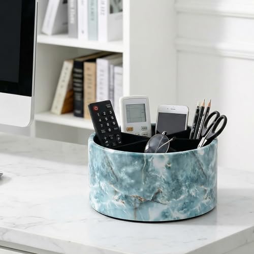 Remote Control Holder, 360°Spinning PU Leather Desk TV Remote Caddy,Desk Storage Box Room Accessories for Controller, Media,Mail,Calculator, Mobile Phone,Pencil(1-Big Marble Green) - color: 1-Big Marble Green