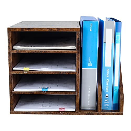 PAG Wood Desktop File Holder Organizer Mail Sorter for File Folders, Mails, Envelopes, Mailing Supplies or Magazines, Brown - color: Brown
