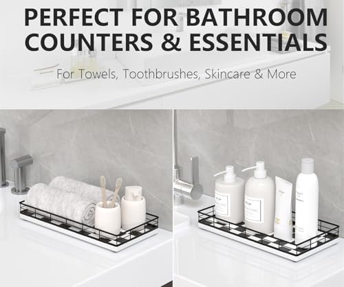 Toilet Paper Basket Organizer – Oak Wood Toilet Tank Tray with Metal Frame, Bathroom Counter Top Storage for Toilet Paper, Wipes & Decor, Modern Narrow Back of Tank Shelf Organizer, Black & White - color: Black & White, size: 13" x 6.5" x 2"