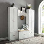 Crosley Furniture Harper 4-Piece Storage Cabinet, Shoe Rack Bench, and Wall Shelf Set with Coat Hooks, White