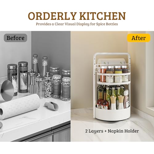 Rotating Spice Rack with Paper Towel Holder, 2 Tier Turntable Lazy Susan, Seasoning Organizer for Kitchen Countertop Cabinet, White - color: White