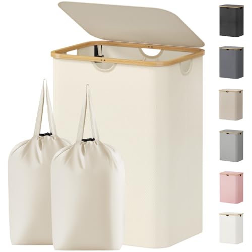 Lifewit 150L Laundry Basket with Lid, Clothes Hampers for Laundry with Bamboo Handles and 2 Removable Bag, Large Foldable Laundry Hamper for Bedroom, Bathroom, Dorm, Laundry Room, White - color: White, size: 150L
